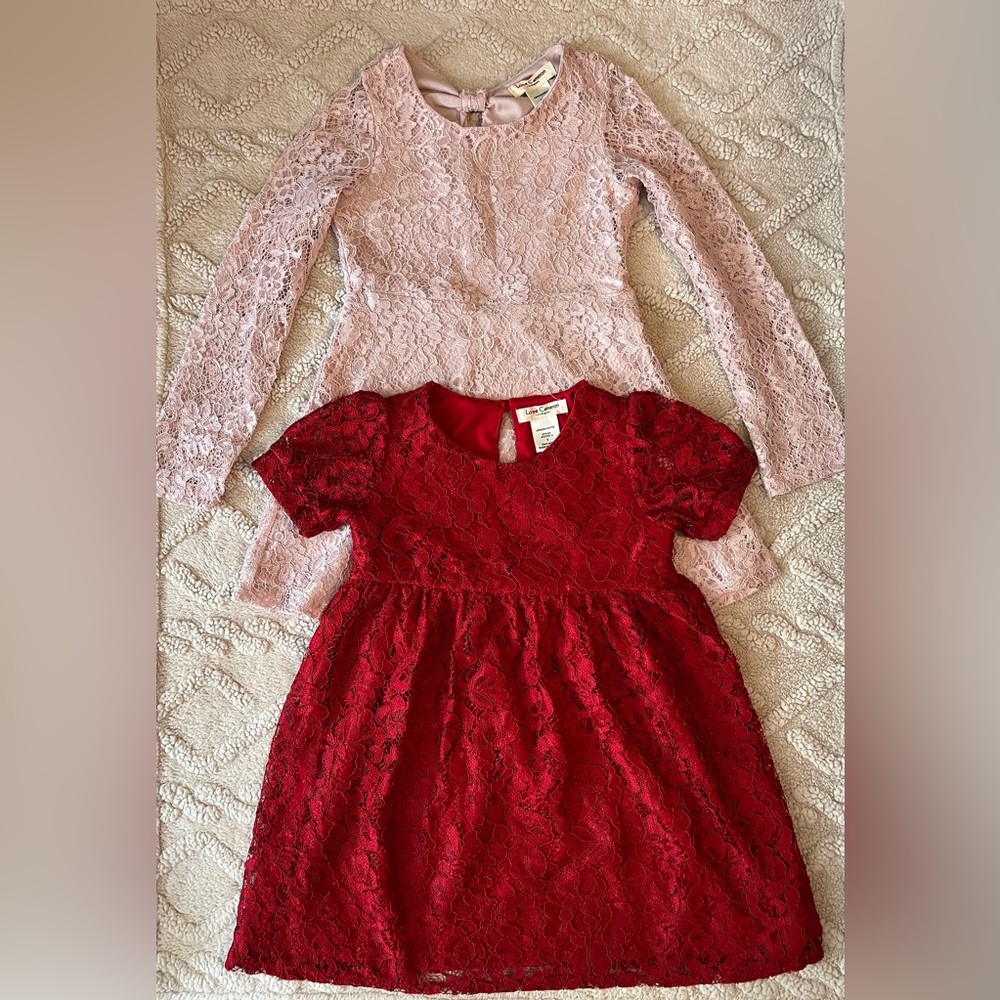 Girls Love Cameron Dress Bundle - Pink & Red Two Layer Lace Dresses, Size 5